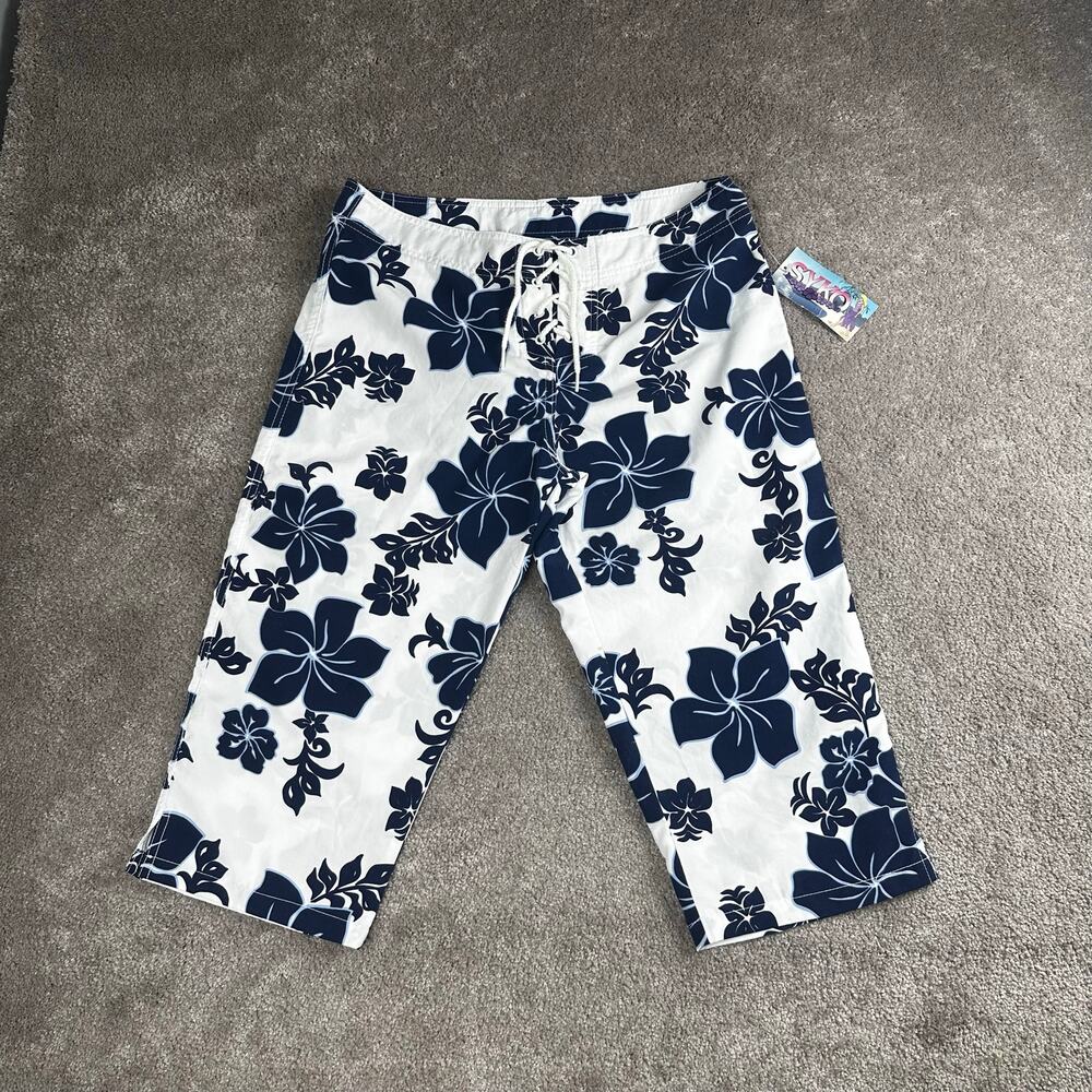 Vintage Syko Blue White Floral Hibiscus Board Short Capris Swim Trunks Size 11